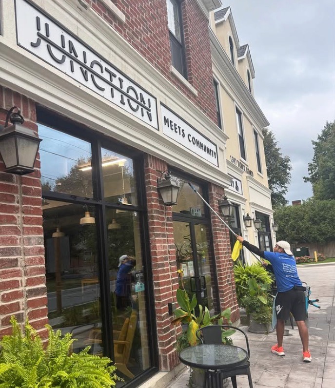 Commercial window cleaning on building exterior