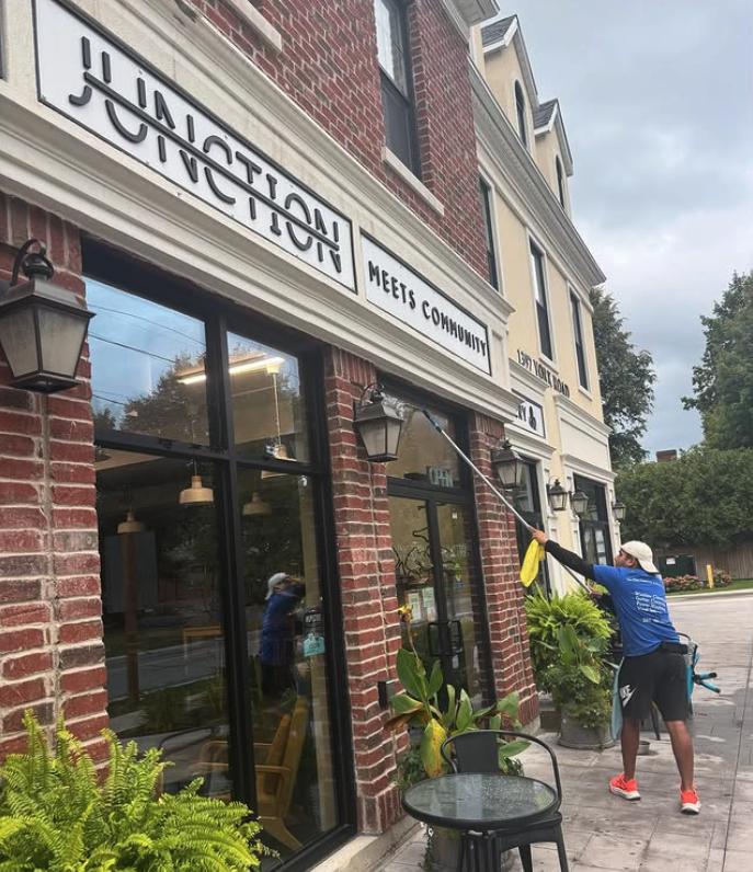 Commercial window cleaning on building exterior